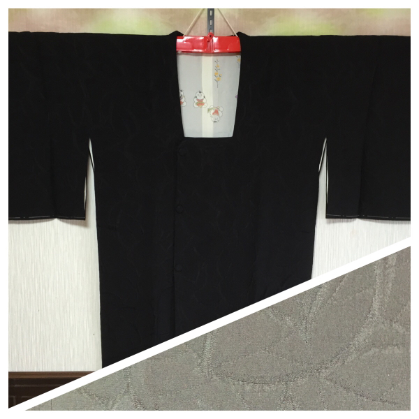 【道行コート】正絹/袷/着丈78cm/漆黒色/葉模様/躾有り拍卖