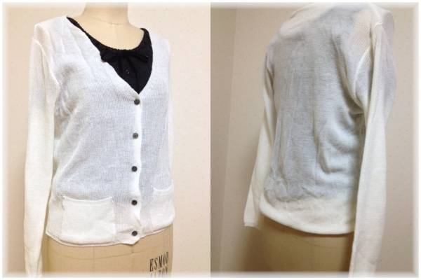 ☆ホワイト☆ニット編みカーディガン☆ポケット付拍卖
