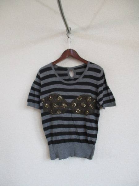 JEANASIS黒×グレーボーダーレース付半袖コットンニット42016)拍卖