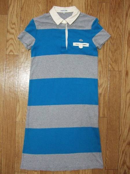LACOSTE/ラコステ☆超美 ターコイズブルー 青 グレー ボーダー ワニ刺繍 上品 綺麗 ポロシャツ ワンピース 40 M ポロワンピ 日本製☆PayPay拍卖