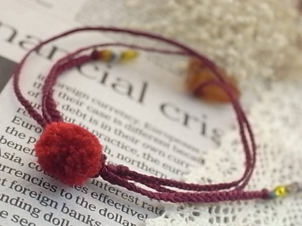 ◆sale◆コットン紐ボンボンブレスレット◆ワインレッド拍卖