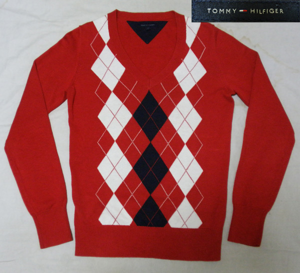 S【トミーヒルフィガー/アーガイルニット】コットンニット 古着拍卖