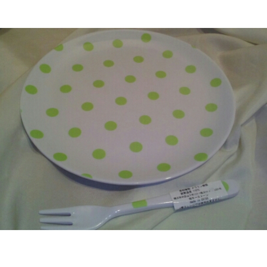 ドット柄:メラミンお皿&フォークセット《グリーン》拍卖