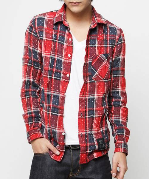 新品未使用VJS2101サイズL【VANQUISH クラッシュツイル チェックドット長袖シャツ】レッドカジュアルメンズ紳士ロールアップ拍卖