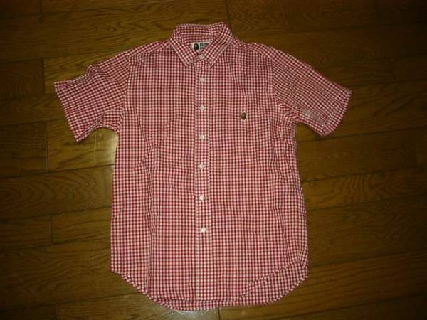 美中古 APE エイプ ギンガム チェックシャツ S 赤白 半袖拍卖