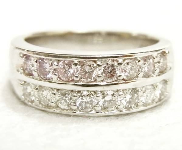 D0.39ctピンクダイヤ & D0.37ctホワイトダイヤ プラチナリング PT900 一文字ダイヤモンド2連 彫り留め 9.5号エタニティ指輪 platinum 白金拍卖