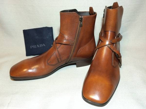 新品 プラダ コレクション ベルト レザー ブーツ 10 シューズ 革靴 PRADA 茶 ブラウン拍卖