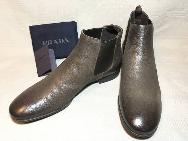 新品 プラダ サイドゴア レザー ブーツ 8 茶 PRADA ヤギ革 本革 靴 シューズ拍卖