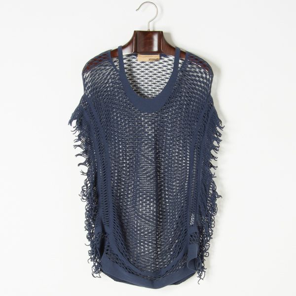 美品 グリントマティ ニット ノースリーブ フリンジ 紺 38w0016拍卖