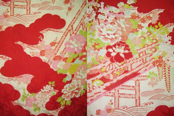古布綾25★赤地*桜*牡丹*菖蒲*椿*宝尽くし*正絹*古布はぎれ★拍卖