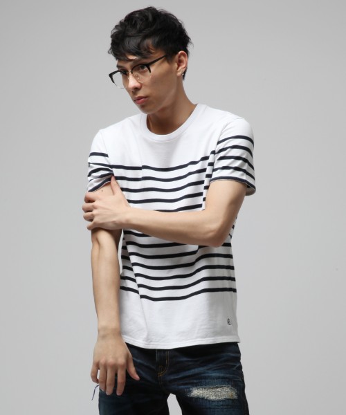 新品未使用VFC1033サイズL日本製Made in Japan【DENIM BY VANQUISH & FRAGMENT紳士ストライプパネルボーダー半袖クルーネックTシャツ】拍卖