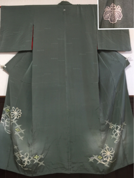 【付け下げ】正絹/袷/身丈151.5cm/利休鼠色/五三桐/花菱亀甲拍卖