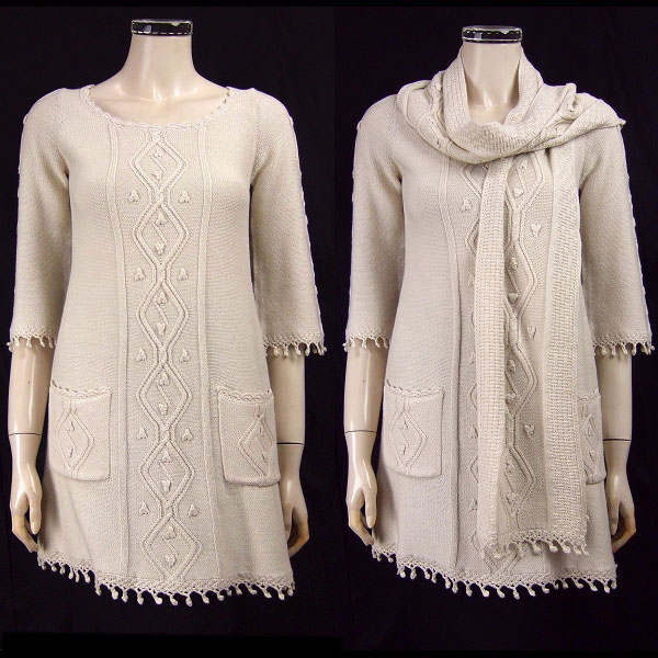 美品★アプワイザーリッシェ*Apuweiser-riche*ベージュ系*ストール付*チュニック風*6分袖*美織ロングニット*2(Mサイズ.9号.38)拍卖