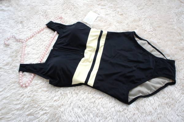 ●水着 2L●フロントファスナー*黄ラインブラックワンピース水着拍卖