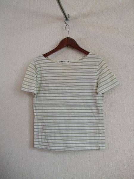 GALERIEVIE白×カーキボーダー半袖カットソー(USED)12115)拍卖