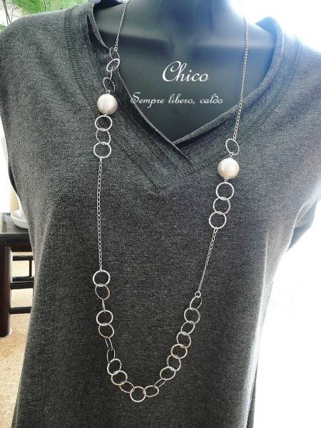 ■ホワイトコットンパール&シルバーデザインチェーン ハンドメイドネックレス ♪ ★2点以上送料無料!★拍卖