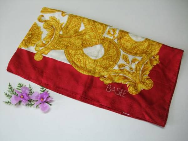 (^_^)良品/バジーレ/大判スカーフ/BASILE/シルク/絹/赤/bb拍卖