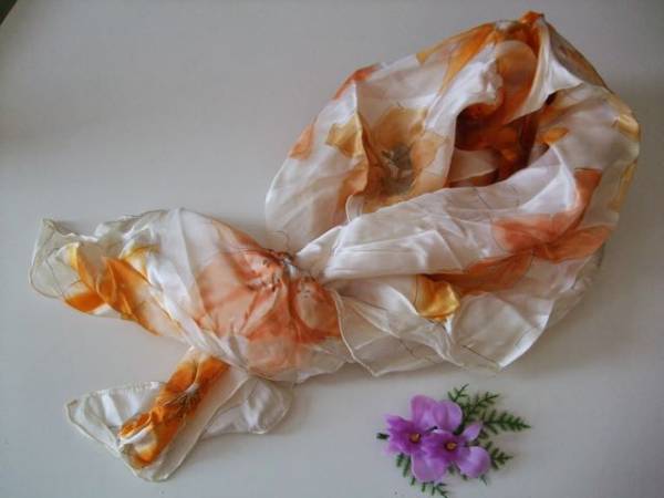 (^_^良品/メナード/大判スカーフ/MENARD/花柄/オレンジ/茶色/JJ拍卖