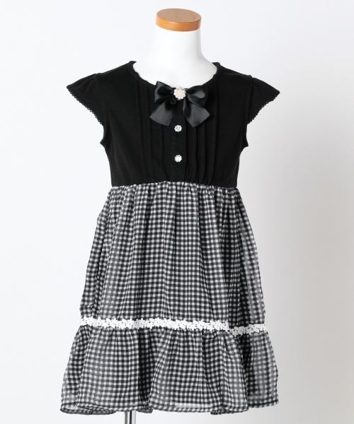 新品 ¥5292 組曲 anyFAM シフォン 半そで ワンピース 120cm 子供用 女の子 フォーマル 黒 ブラック チェック拍卖
