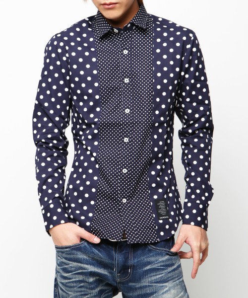 新品未使用VJS2089サイズL日本製Made in Japan【VANQUISH紳士長袖切換えドットシャツネイビー】メンズ ドレスシャツ ワイシャツ拍卖
