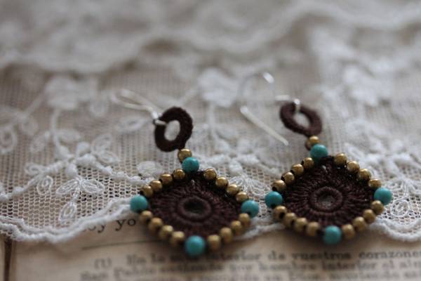 ◆新入荷◆ハンドメイドターコイズ・カギ針スクエアピアス拍卖