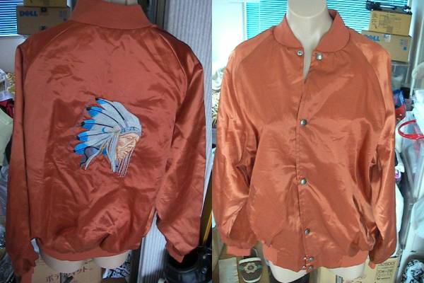 MADE IN USA インディアン ネイティブ柄 酋長 刺繍 ジャンパー 光沢有りブルゾン 茶系拍卖
