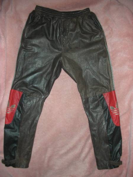超レア! adidas アディダス トレフォイル デカロゴ 本革レザー パンツ 茶/黒/赤 M 三つ葉拍卖