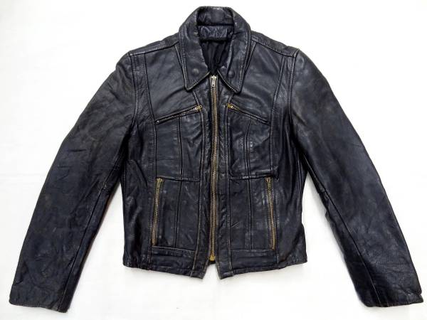 ビンテージ 「?」 ノーブランド 70S グッド デザイン レザー ライダース ジャケット 黒 ブラック レア サイズ XS 相当 タロン YKK ジップ拍卖