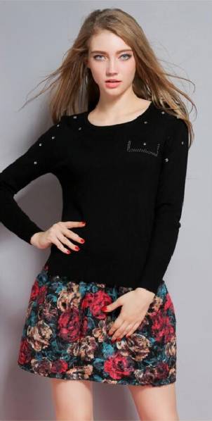 ☆激安着心地の良い婦人用カシミヤ混・長袖丸首セーターL 黒☆拍卖