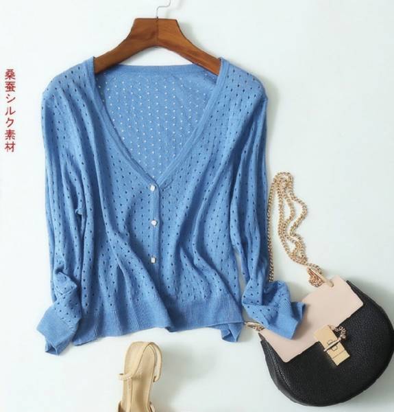 ☆彡シルクニットカーディガン・ベーシック感が好印象☆彡 青M拍卖