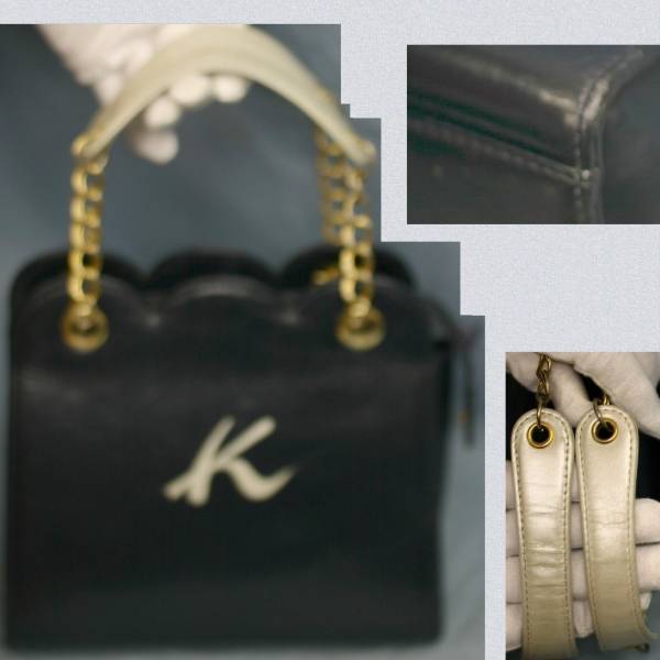 キタムラ女性用20㎝濃紺革可愛い台形トート美品 ○C5-541拍卖