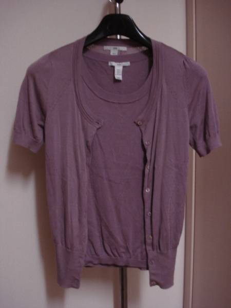 格安ニットアンサンブル2点セット・H&M(エイチアンドエム)・パープル系高級シルク綿混紡素材(ノースリーブシャツ型+半袖カーディガン型) S拍卖