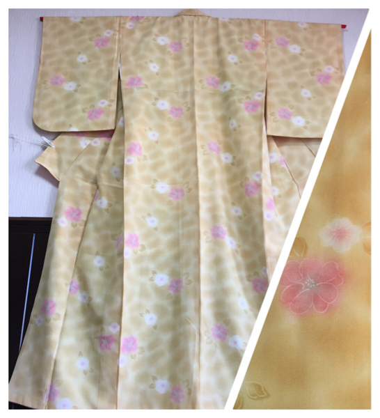 【小紋の着物】正絹 袷 身丈155.5cm 黄くちなし色 暈し柄拍卖