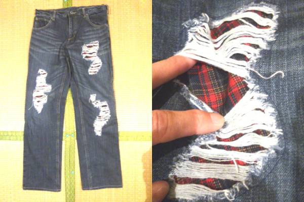 ダメージ加工 つぎはぎチェック デニム ジーンズ 32 USED加工 お兄系 SURF系のファッション好きの方へ!拍卖