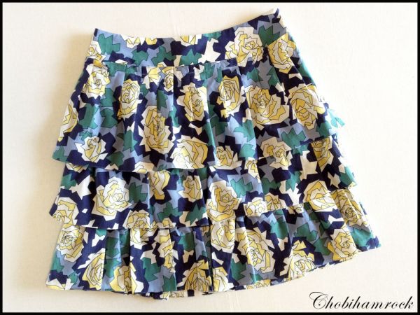 ローラアシュレイロンドンシルク混ティアードスカートバラ柄1青拍卖