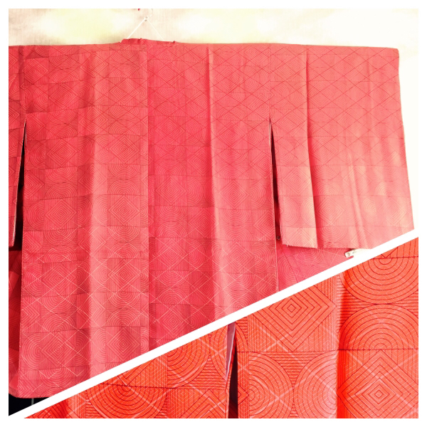 【道行】正絹 着物 丈85cm 紅緋色 入子菱の地模様 071305拍卖