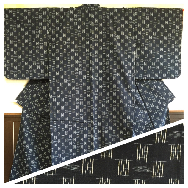 【紬】正絹 袷 身丈149cm 藍色 絣模様 躾有り拍卖