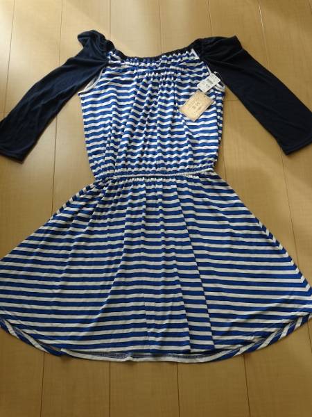⑥新品★ノースリーブボーダーワンピース青×白★フェイク袖L拍卖