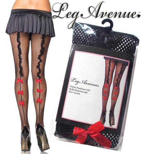 A34)LegAvenueレースフリル&リボン網タイツ黒赤レッグアベニュー拍卖