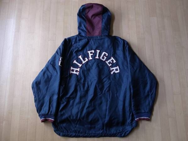 90's TOMMY HILFIGERバック アーチ ロゴ ナイロン フリース フード ジャケットMトミーヒルフィガー Arch Logoパーカー フーディー ブルゾン拍卖