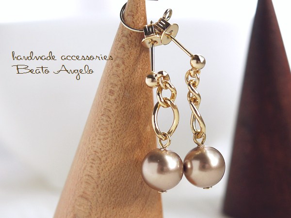 ☆彡+angelo+スワロフスキー パールのチェーンピアス(p-046)ブロンズ G ポストピアス拍卖