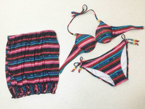 ●水着 F●鮮かメキシコ柄風◆ワイヤービキニ*シフォンキャミ付拍卖