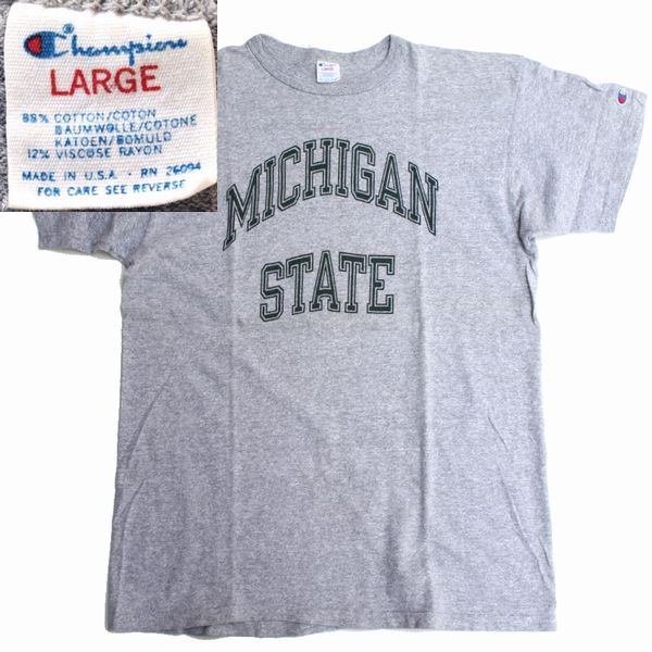 (22999)80'S Champion 「MICHIGAN STATE」 COTTON88% MADE IN USA チャンピオン霜降りトリコタグ染み込みTシャツ杢緑L拍卖