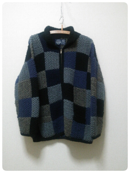 ハンドニット ARTESANIA ブロックチェックニットセーター ウール グレーネイビー ヘビーニットセーター拍卖