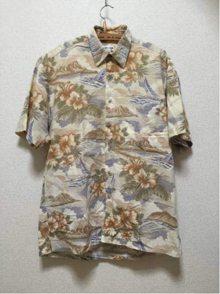 USA古着 pierre cardin アロハシャツ 半袖シャツ M ハイビスカス柄 ベージュ拍卖