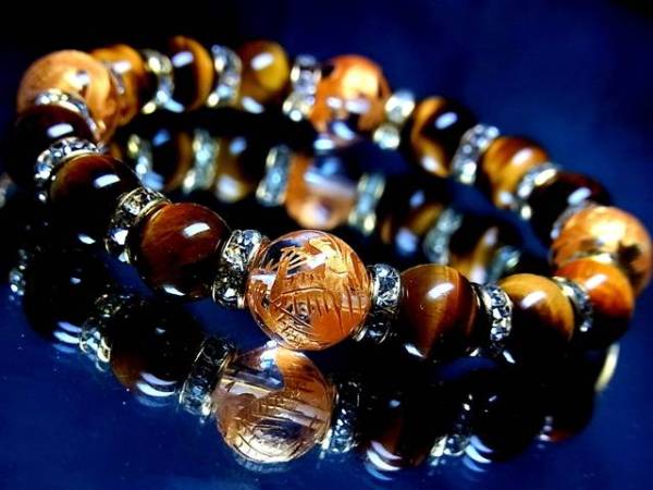 四神獣水晶12ミリ§タイガーアイ10ミリ§金ロンデル数珠拍卖