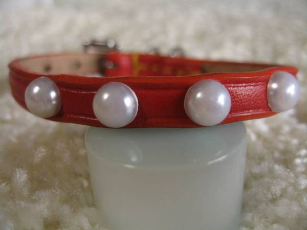 ★同梱お得★♯9ー№14・本皮首輪・パール・赤♪拍卖