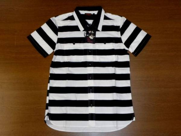 LOW BLOW KNUCKLE ボーダー シャツ/黒白Mサイズ/ロー ブロー ナックル 55402 BIKER BORDER 新品拍卖