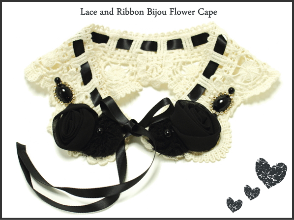 ◆レースフラワー◆ビジュー&リボンつけ襟/付け襟/ネックレス黒/チョーカー/ロリィタ/原宿/kawaii/ゴスロリ/バレエ/薔薇/ローズ/レース拍卖