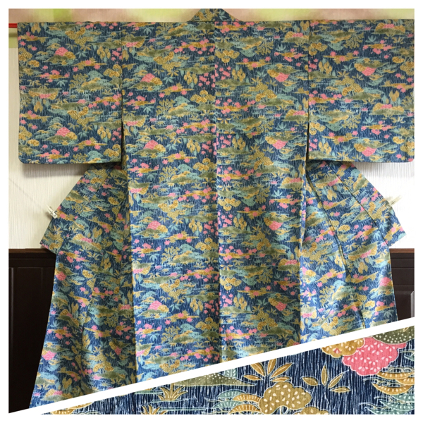 【袷・ウール】小紋の着物 身丈149cm 四季柄 美品 072201拍卖